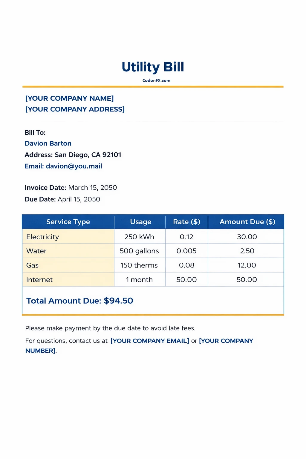 Simple Utility Bill Template Word