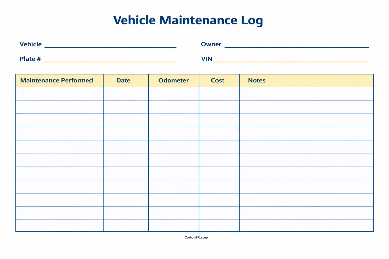 Simple Blank Vehicle Maintenance Log Template