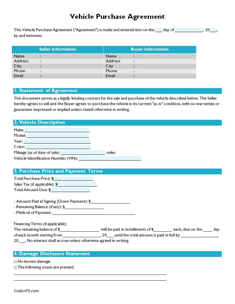 Vehicle Purchase Agreement Template Word