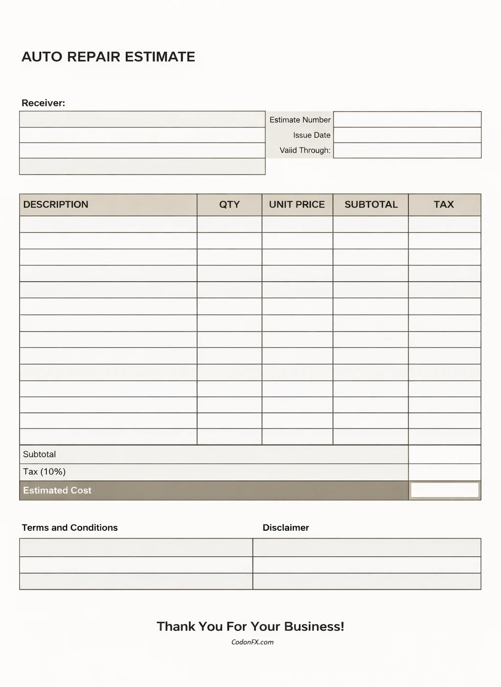 Vehicle Repair Estimate Template Simple Blank Vehicle Repair Estimate Template