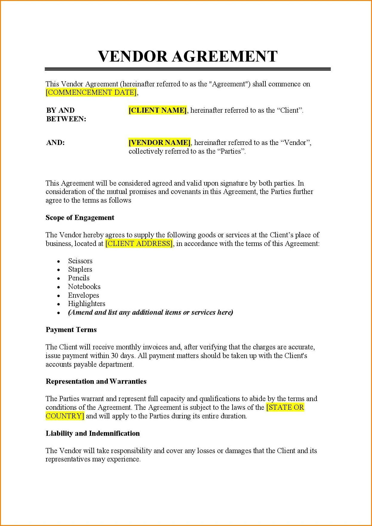 Vendor Agreement Template