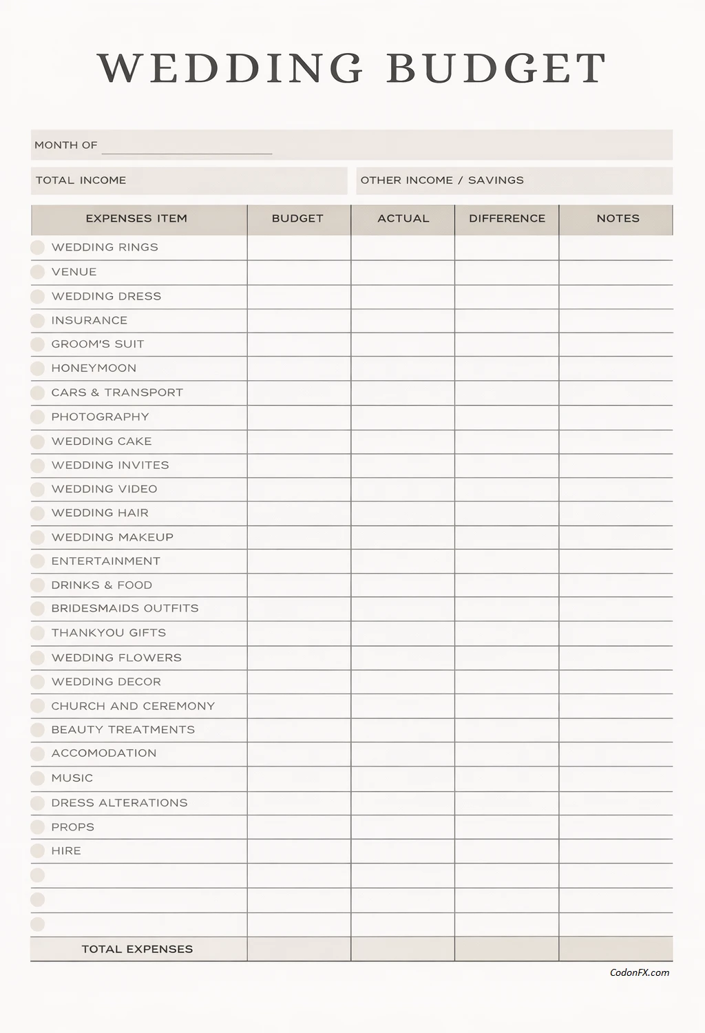Simple Blank Wedding Budget Template