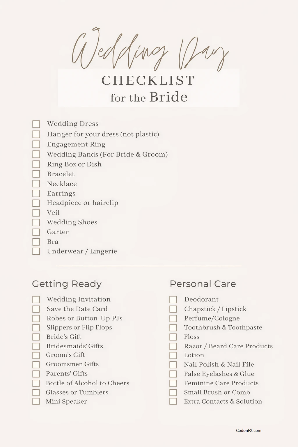 Wedding Day Checklist for The Bride