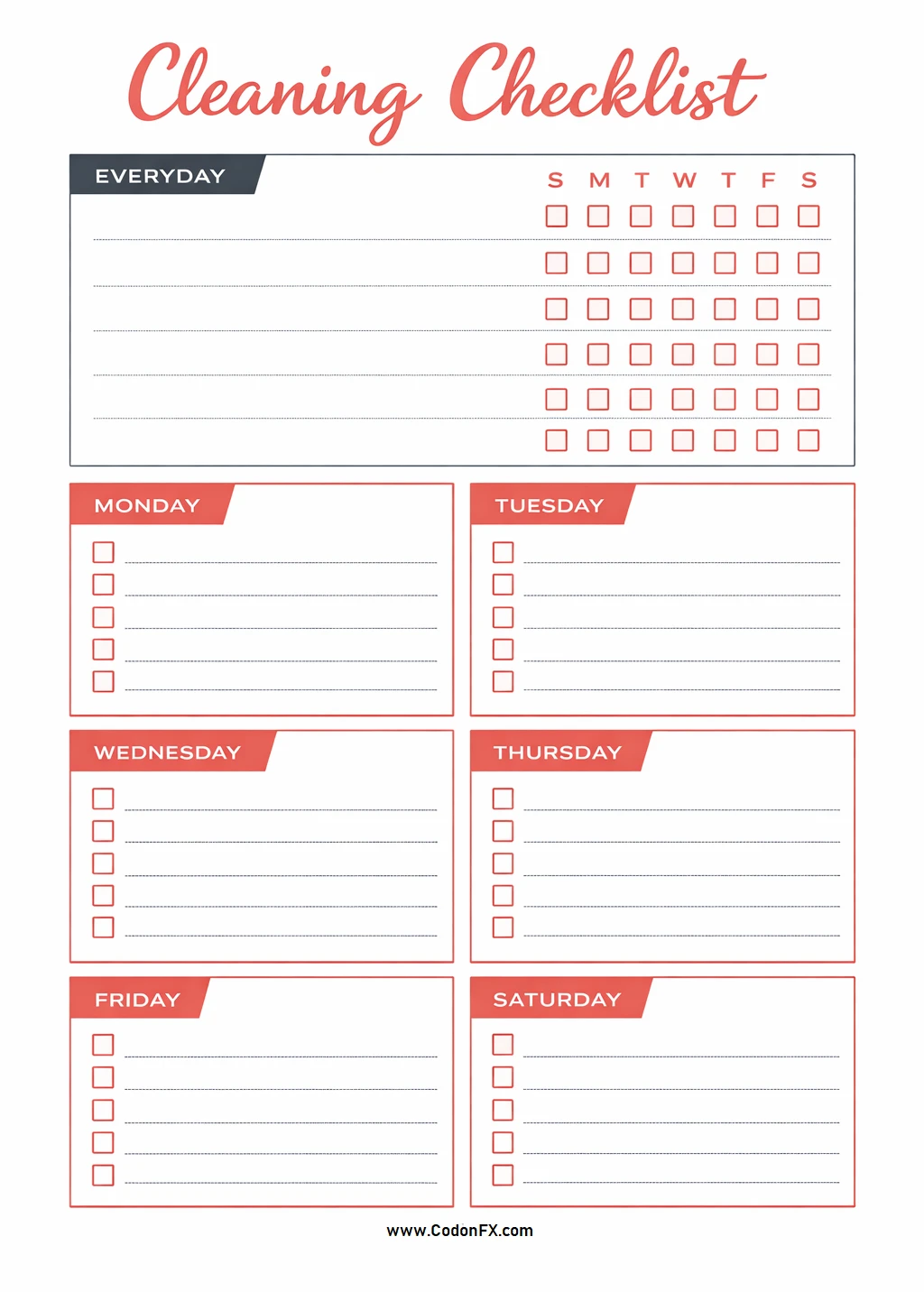 Simple Blank Weekly Cleaning Chart Template