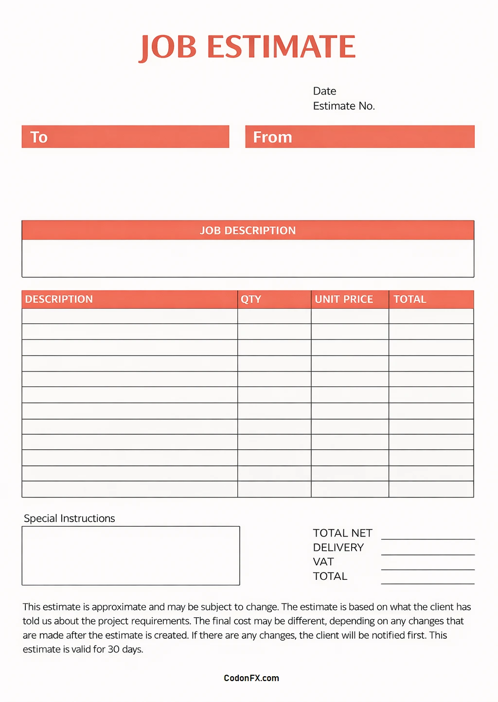 Simple Blank Work Estimate Template