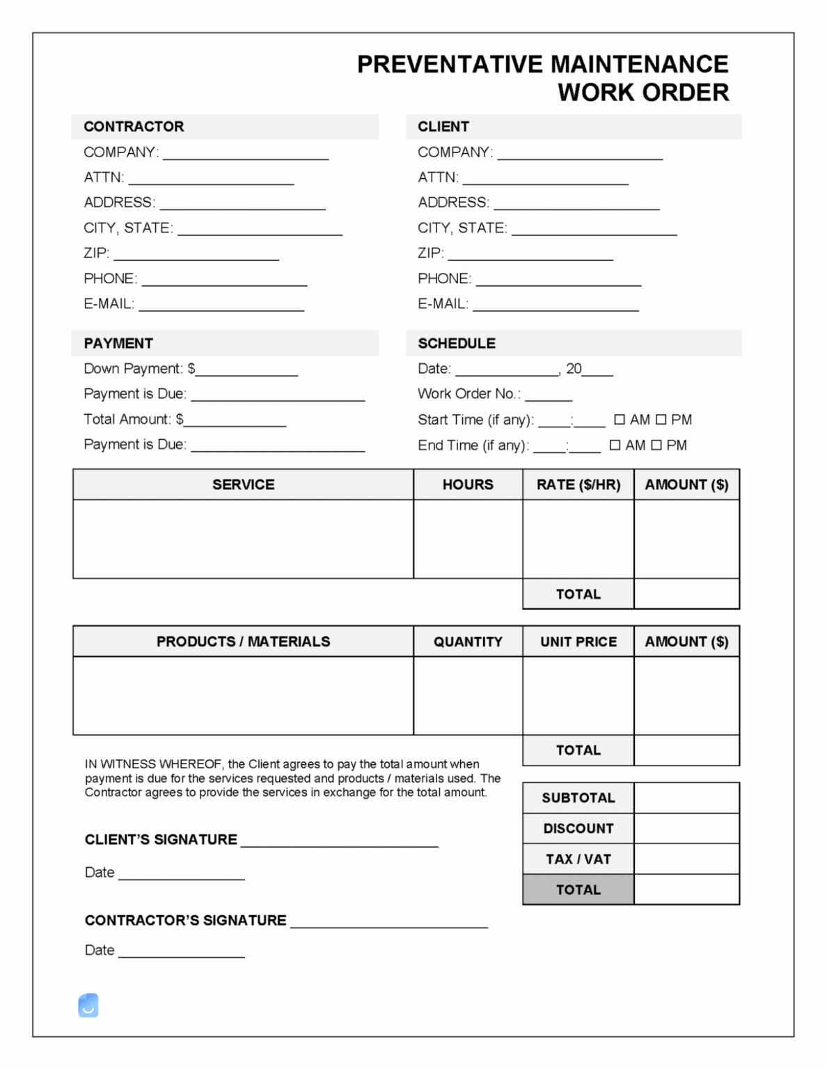 Work Order Charges Free Printable Work Order Form