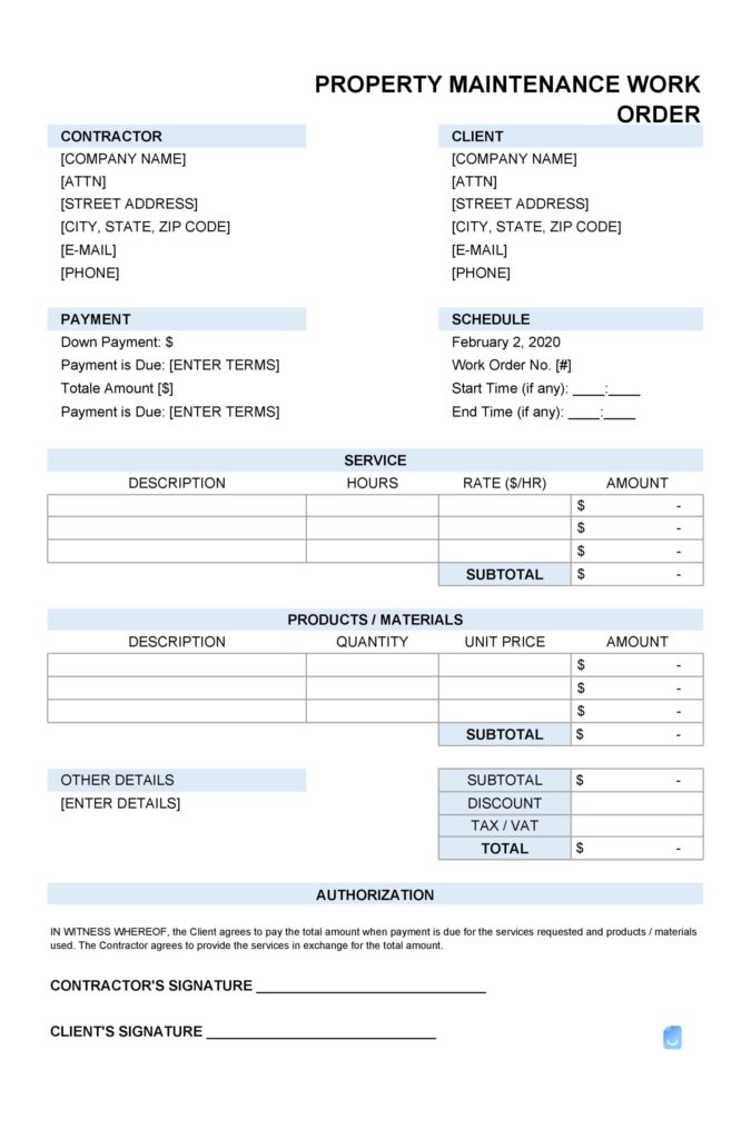 Work Order Charges Free Printable Work Order Form