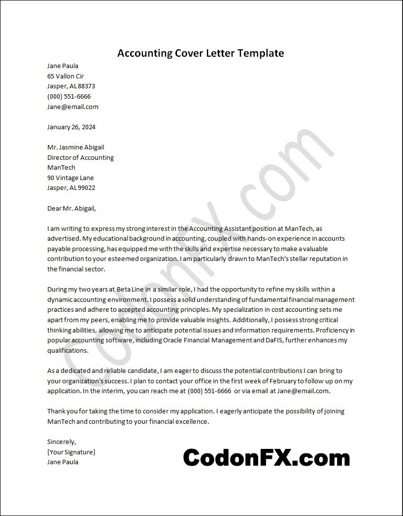 Downloadable accounting cover letter template available in Word for easy editing