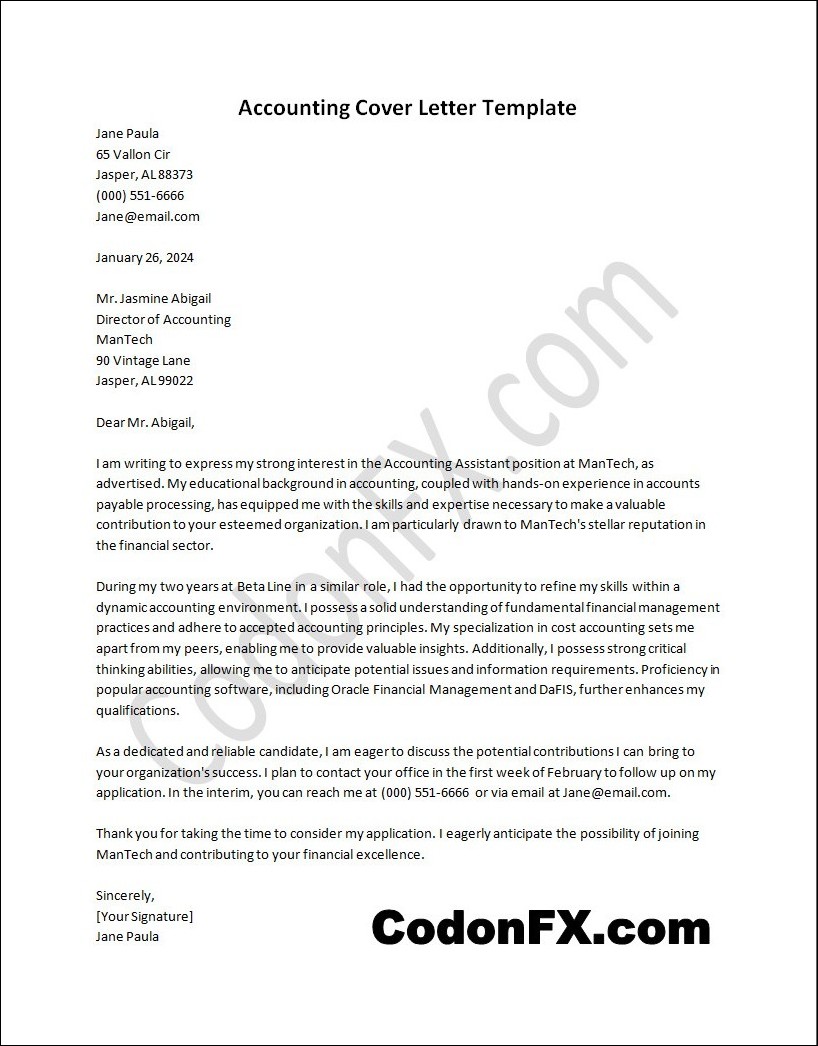 Downloadable accounting cover letter template available in Word for easy editing