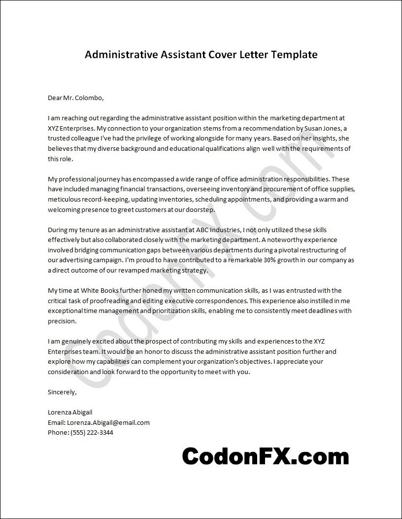 Editable administrative assistant cover letter template with customizable sections