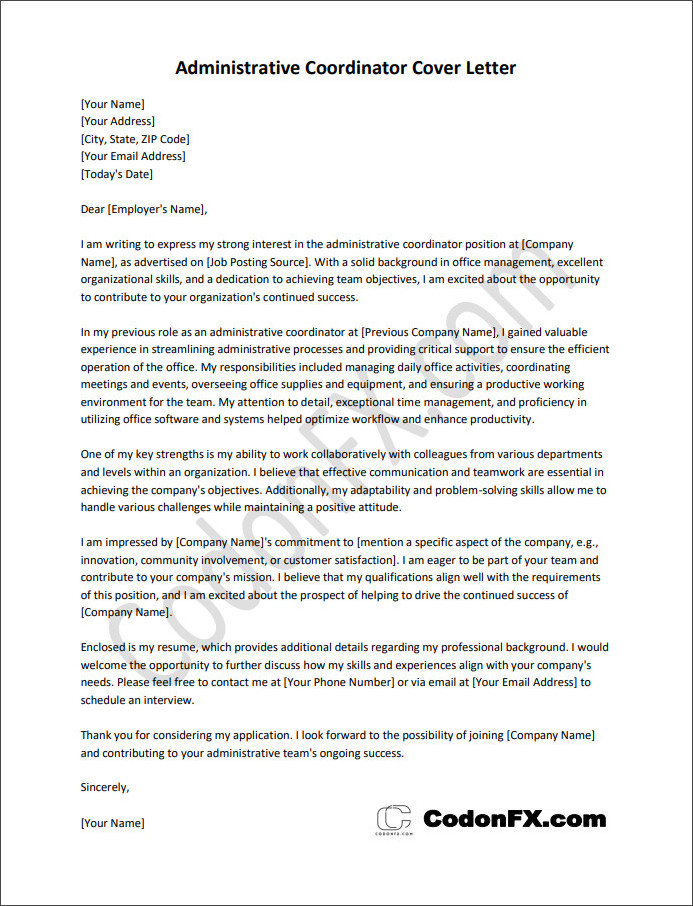 administrative coordinator cover letter template Free printable administrative coordinator cover letter template with customizable sections