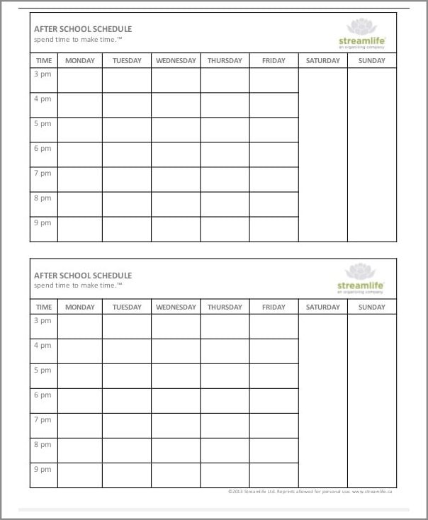 afterschool schedule template example