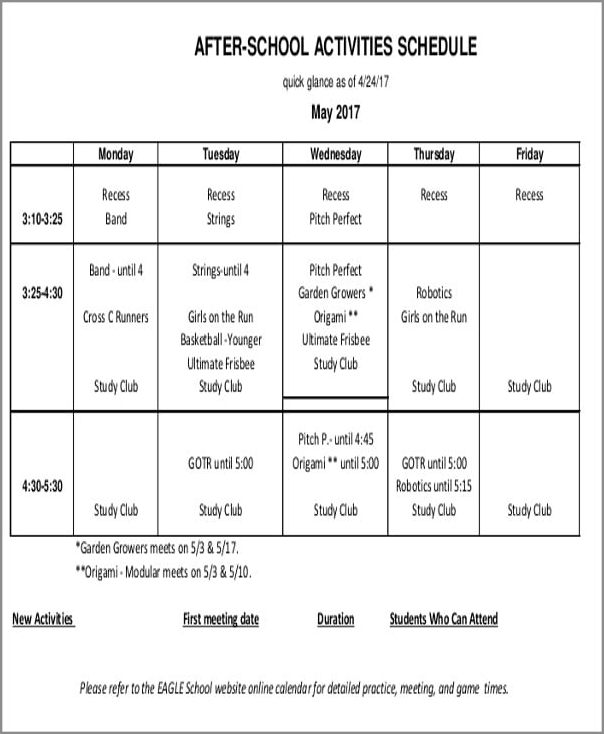 afterschool schedule template sample