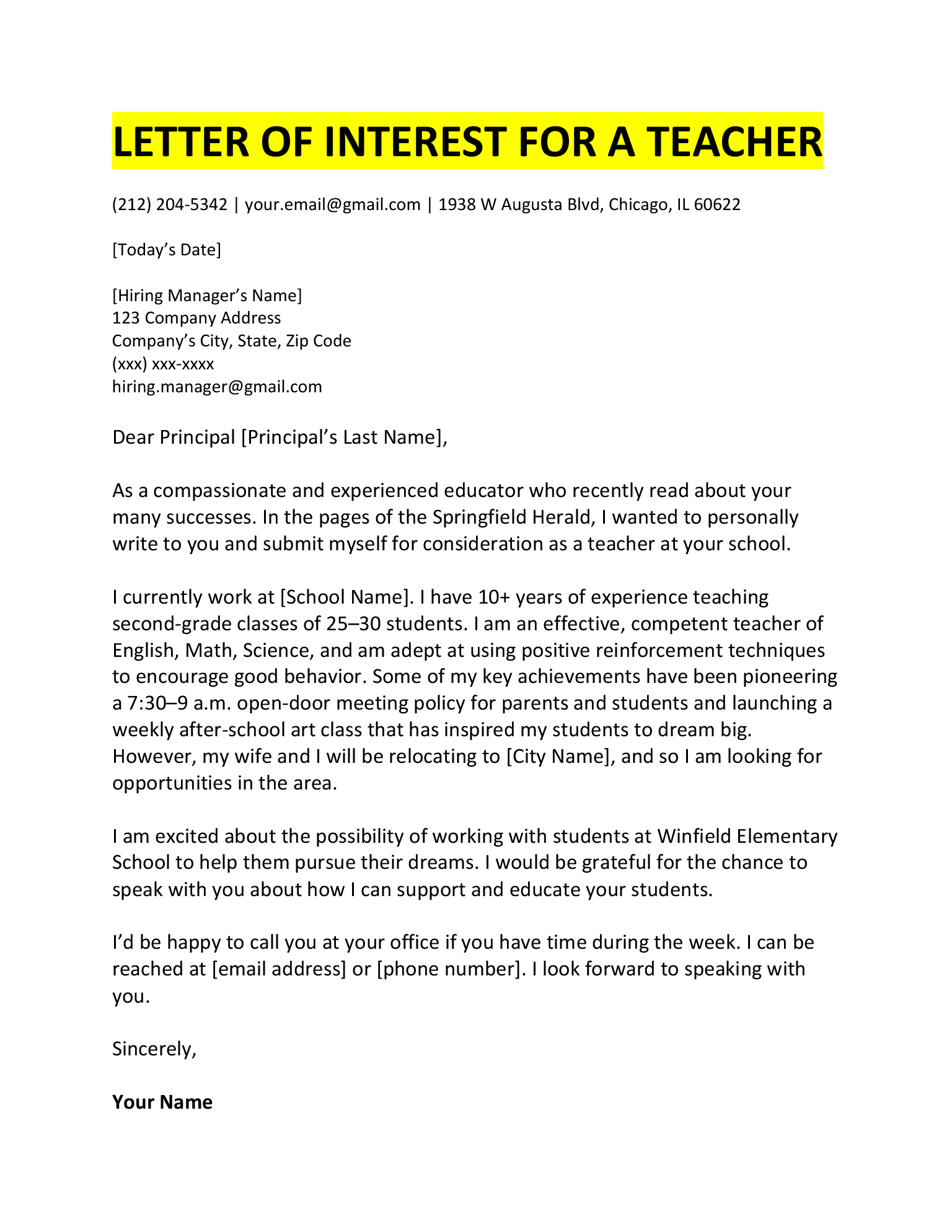 art teacher letter of interest template example