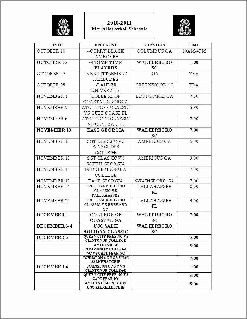 basketball schedule template sample