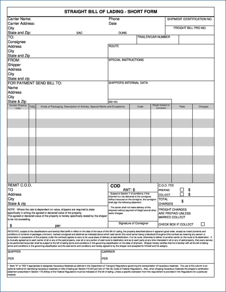 Bill of Lading Template (Free Printable)
