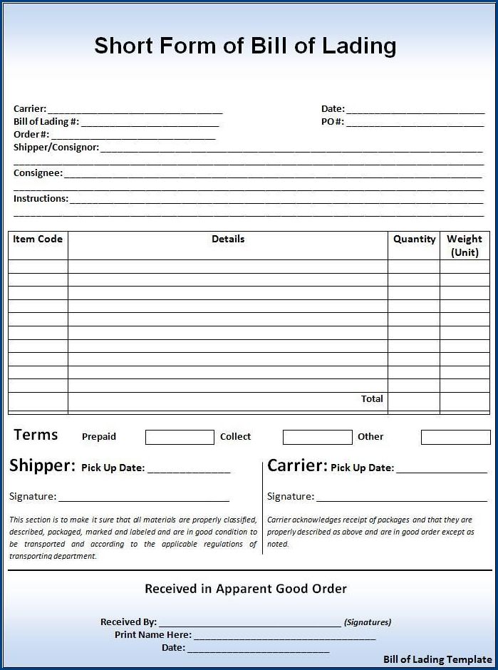 bill of lading template sample
