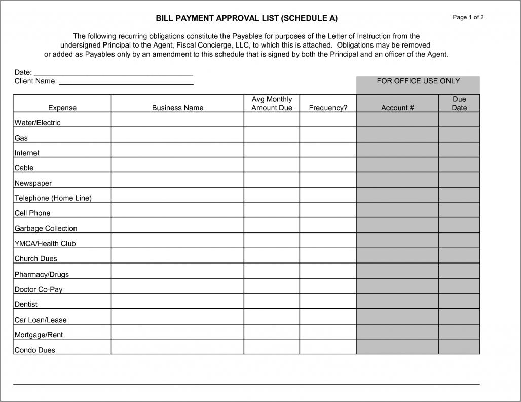 bill pay schedule template example