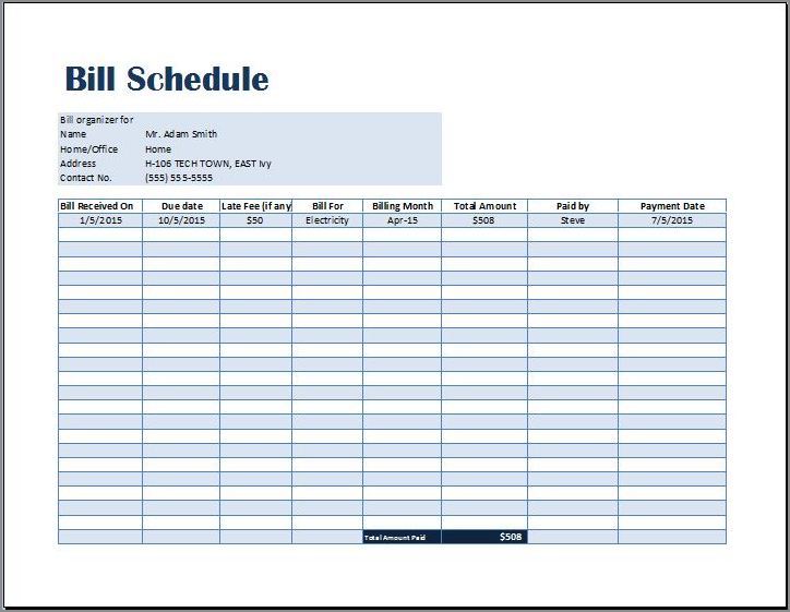 bill pay schedule template