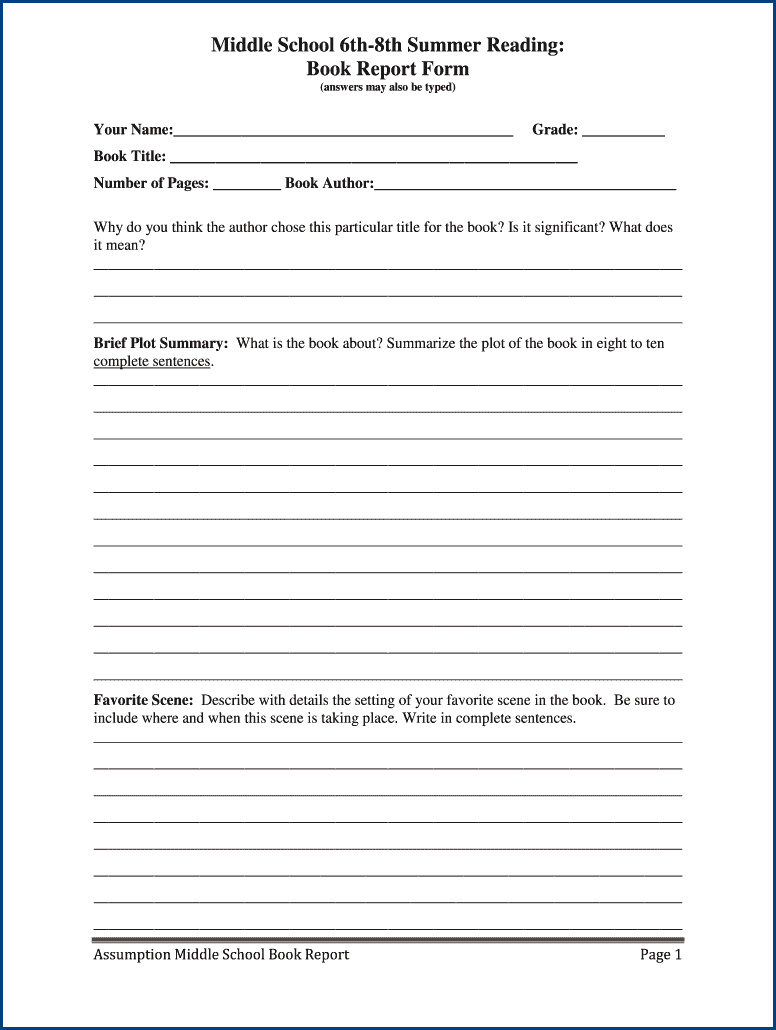 book report template for 6th graders example