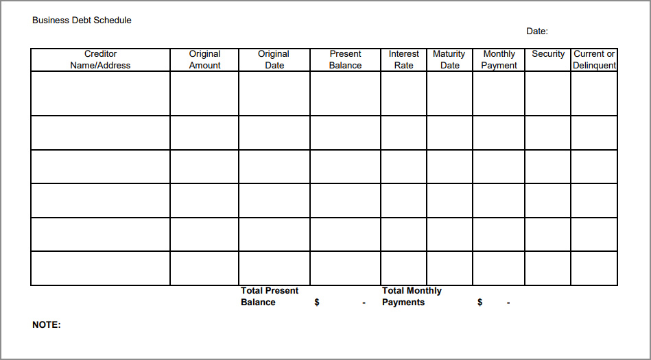 business debt schedule template sample