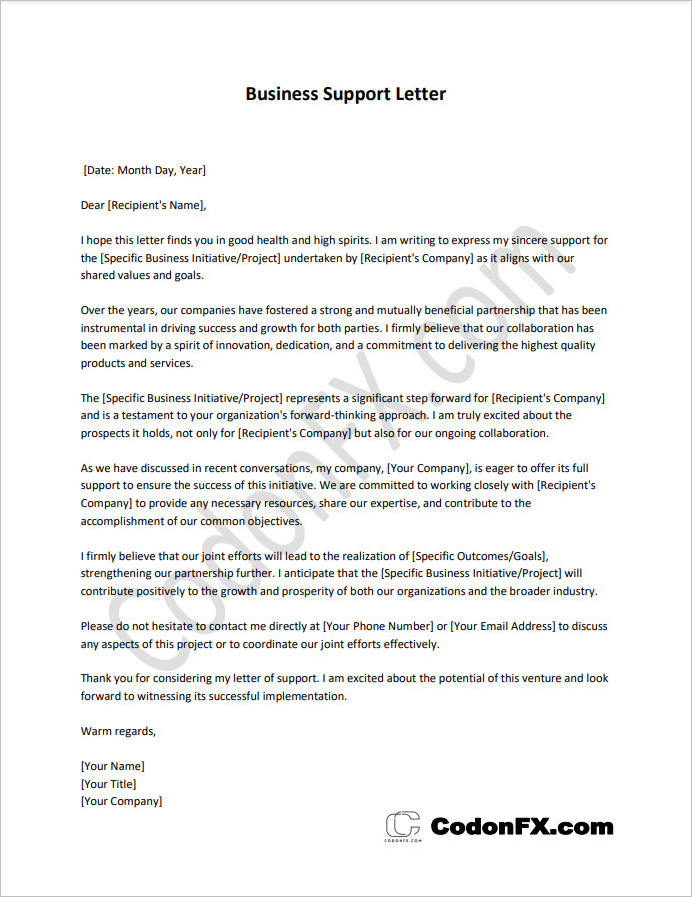 Boost your business relationships with a professionally crafted business support letter. Easily customize and download our business support letter template.