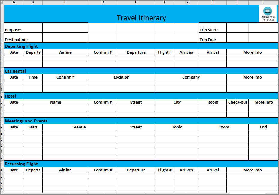 business travel itinerary template sample