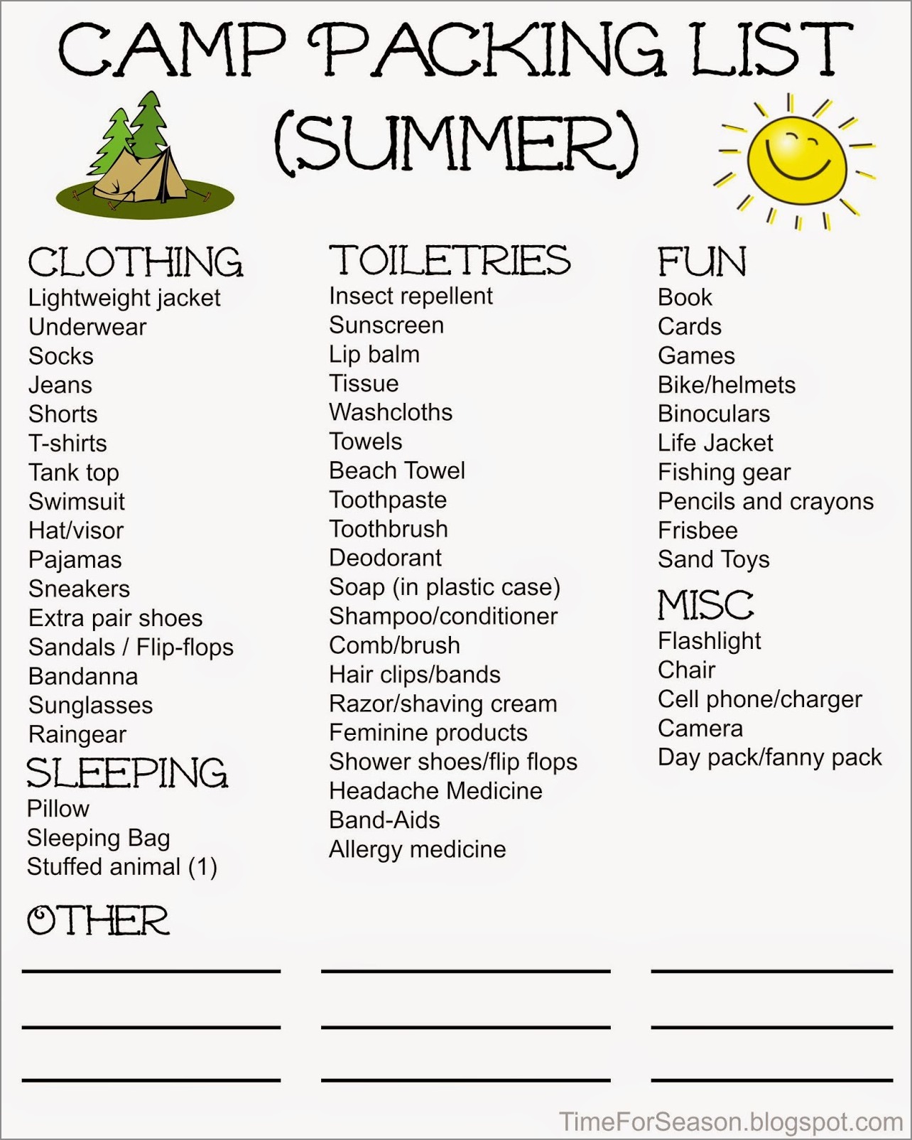 camp packing list template