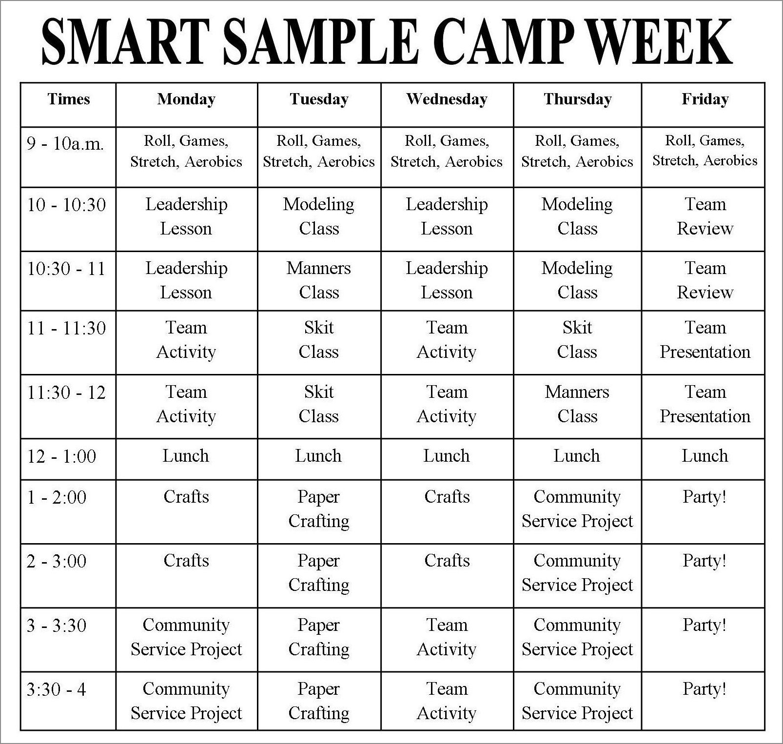 camp schedule template example