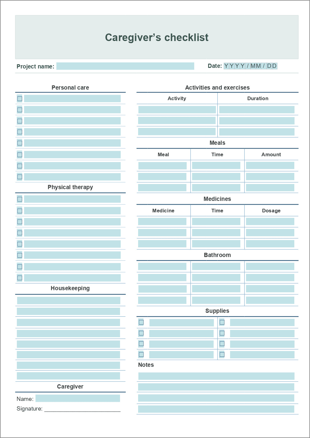 caregiver daily checklist template example