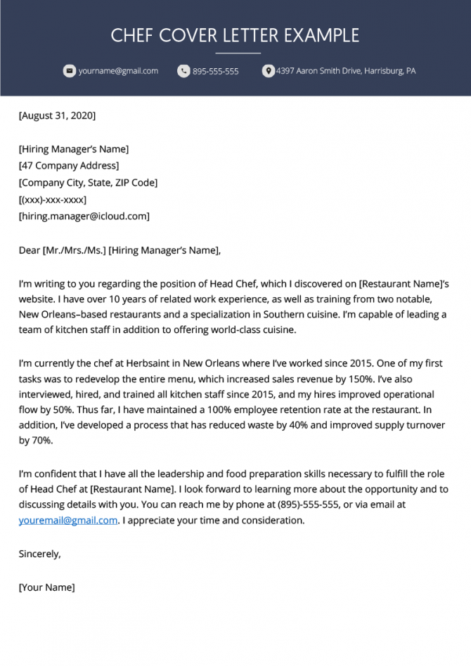 chef cover letter template example