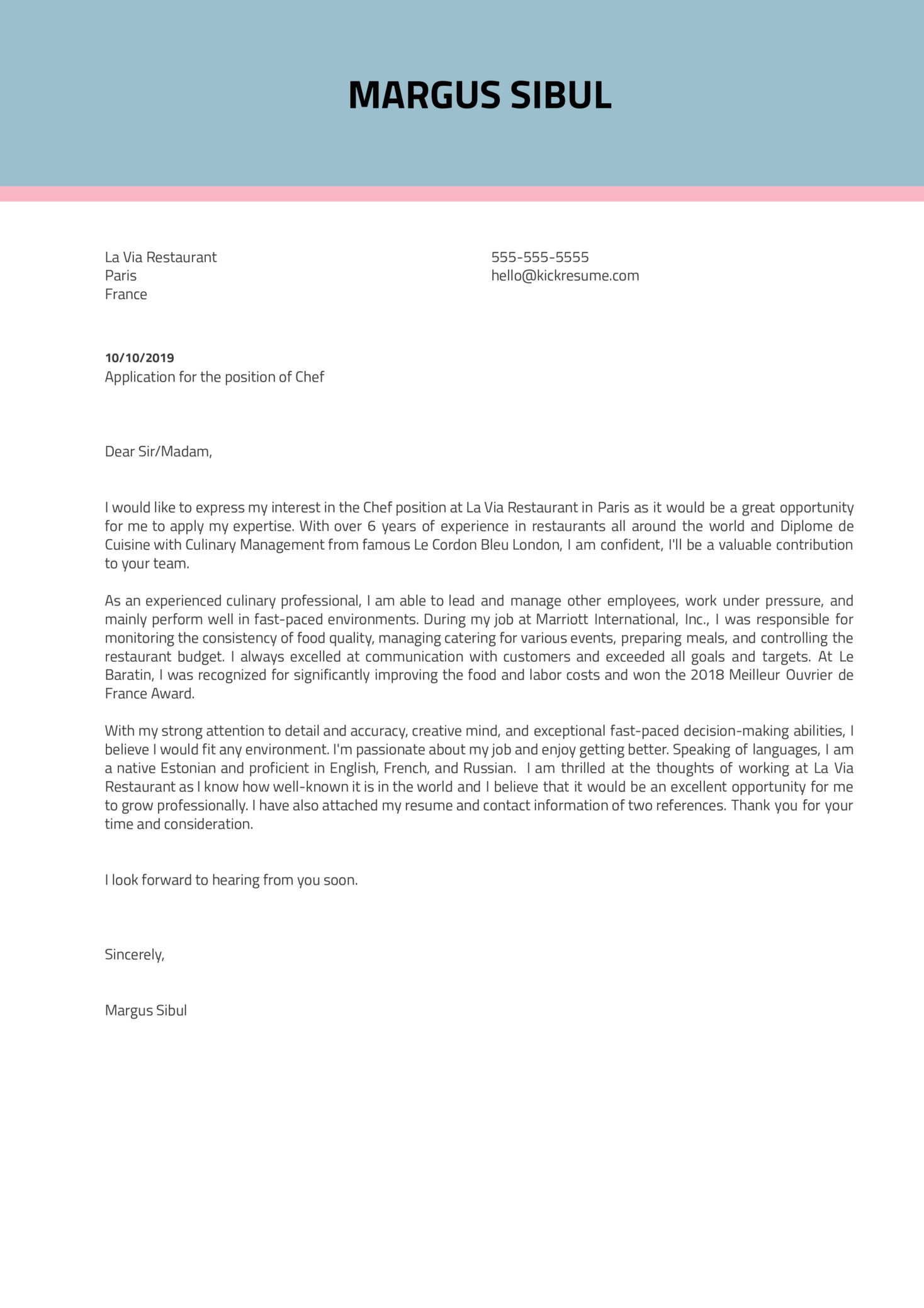 chef cover letter template sample