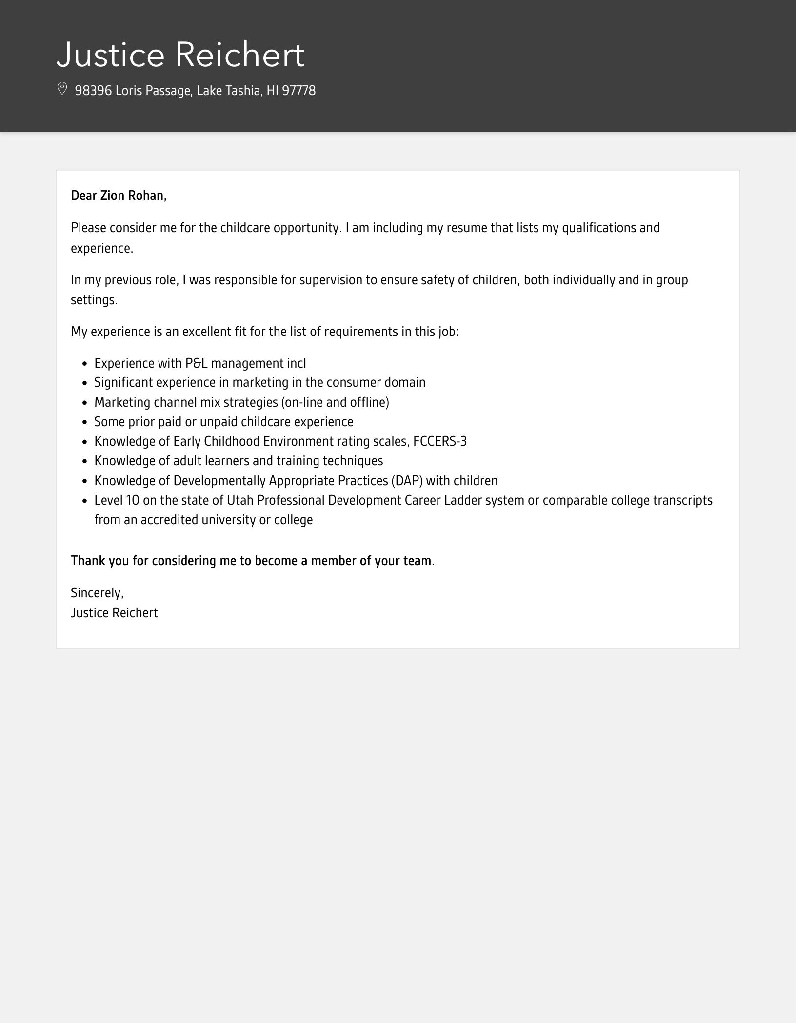 childcare cover letter template example
