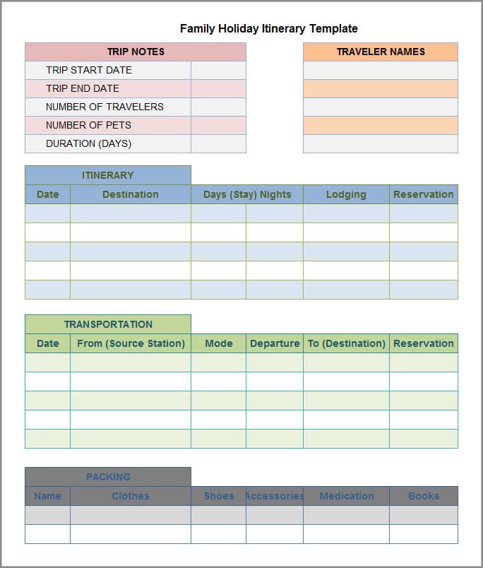 christmas vacation itinerary template