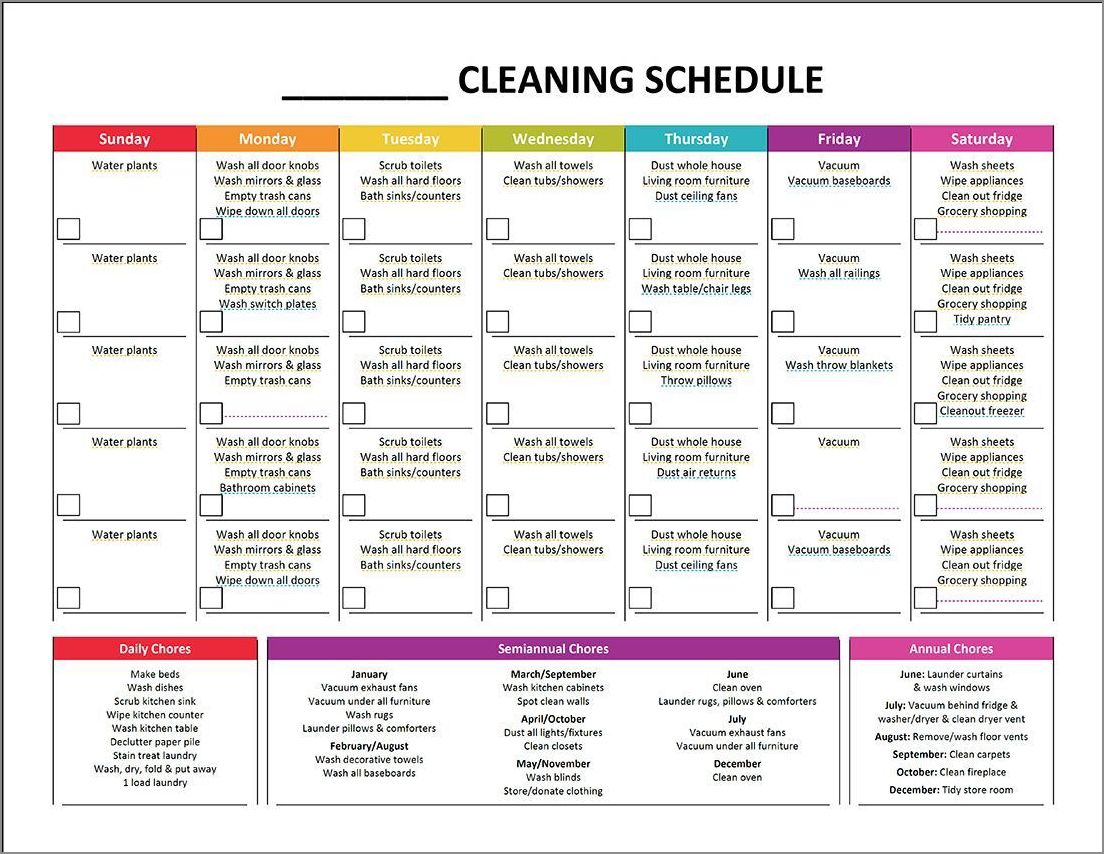 cleaning schedule template for home