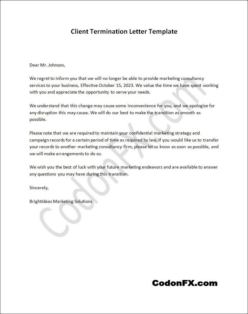 Editable client termination letter template with customizable sections
