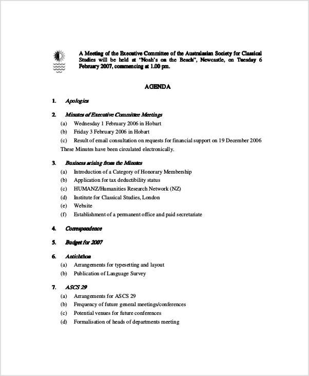 committee meeting agenda template example