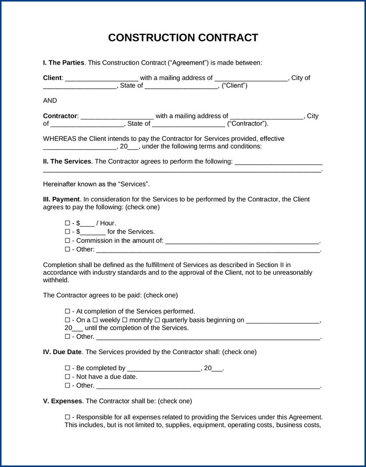 construction contractor agreement template example