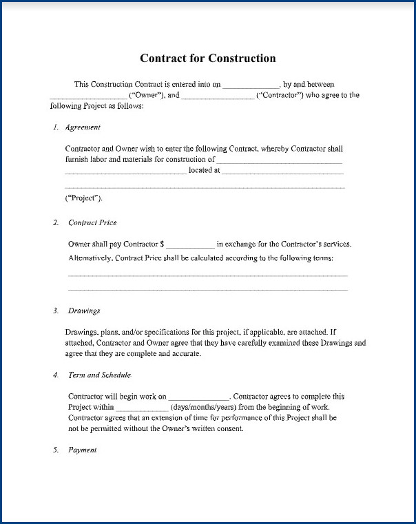 construction contractor agreement template sample