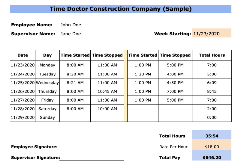 construction timesheet template example
