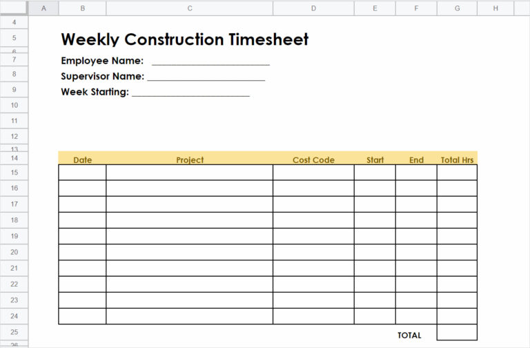 Printable Construction Weekly Timesheet Template