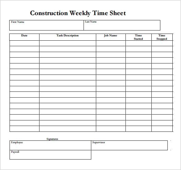 construction weekly timesheet template sample