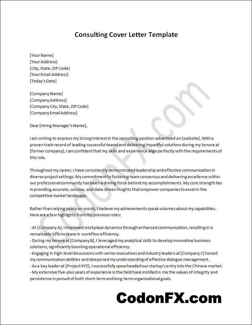 Editable consulting cover letter template with customizable sections