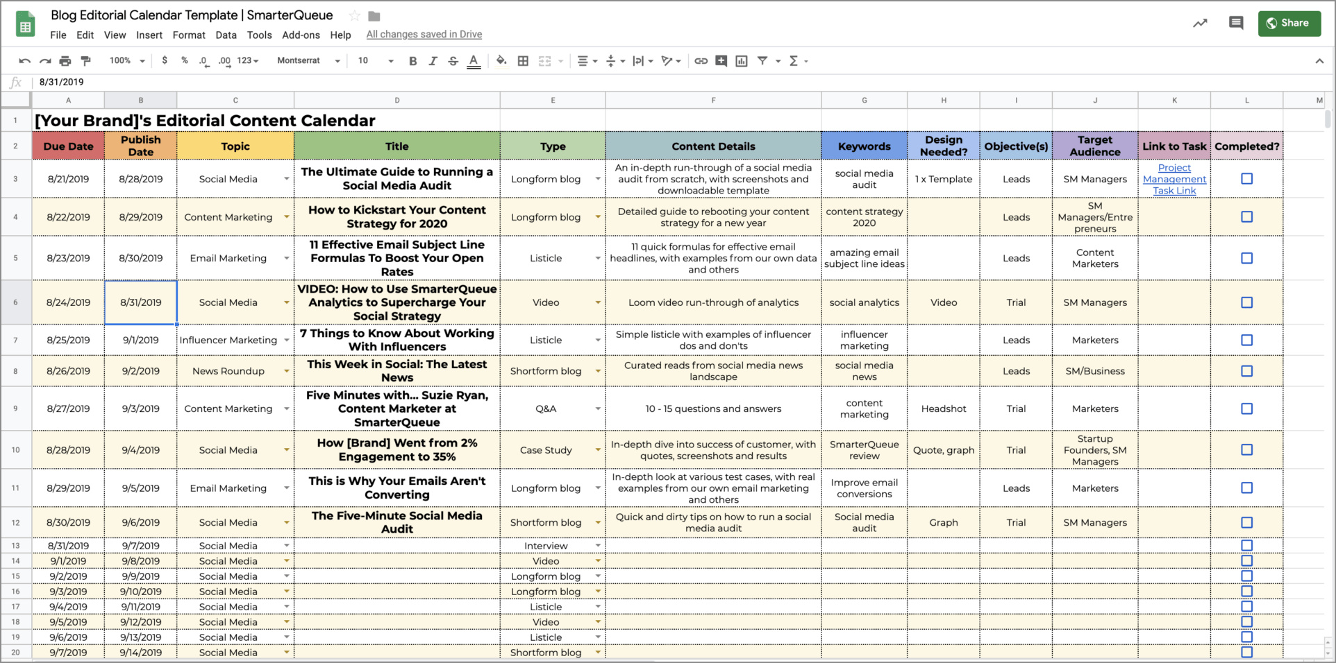 content schedule template example
