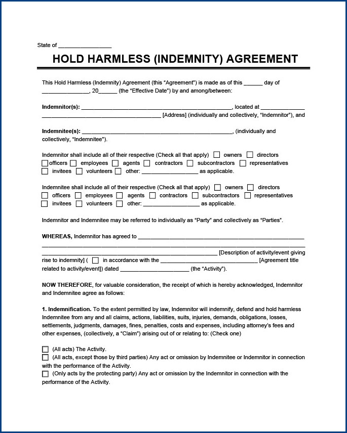 contractor hold harmless agreement template sample