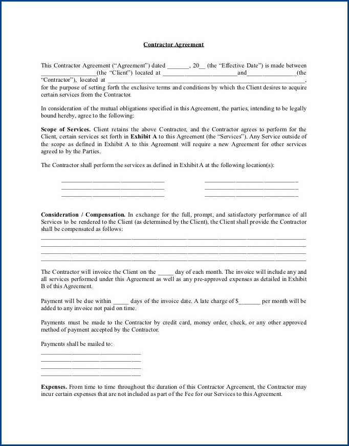 contractor payment agreement template example