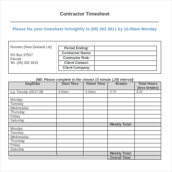 contractor timesheet template example