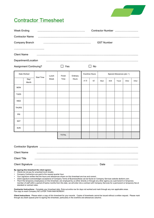 contractor timesheet template sample