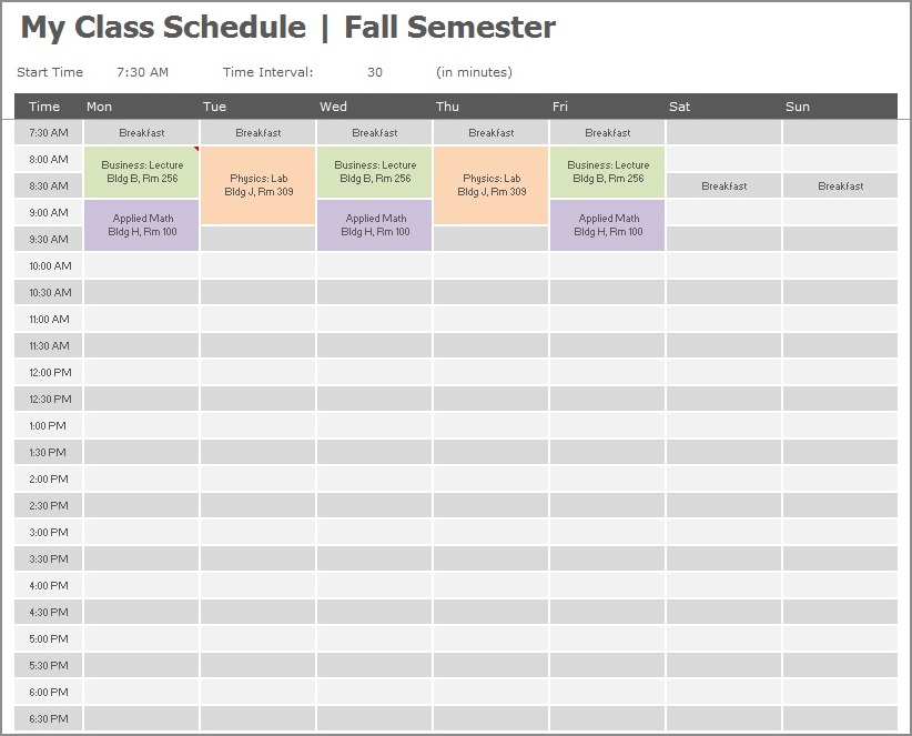course schedule template sample