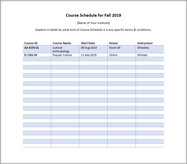 course schedule template